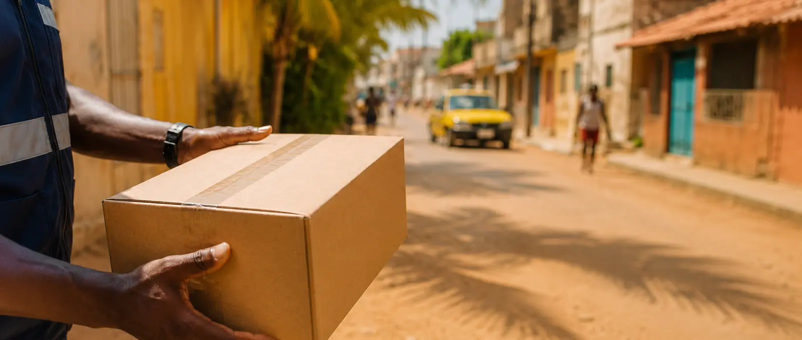 Livraison d'un colis dans une rue du Sénégal